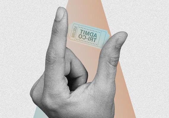 An image of a hand holding a ticket stub that reads "Admit Tri-Co" 