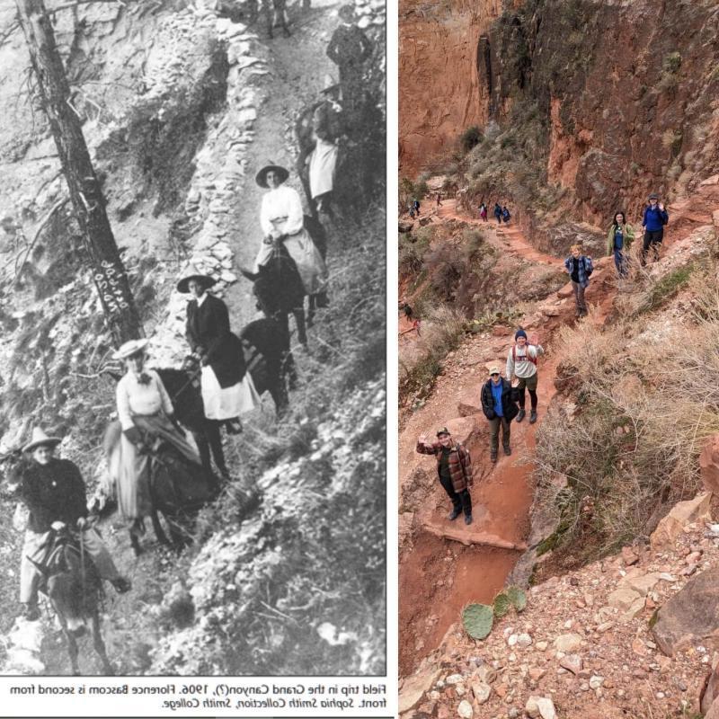 Left to Right: Geology students' recreated photo (left) of Florence Bascom with students in the Grand Canyon, 1906 (right).