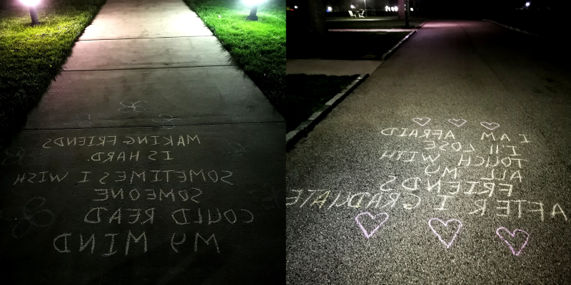 Two images of chalk text on ground